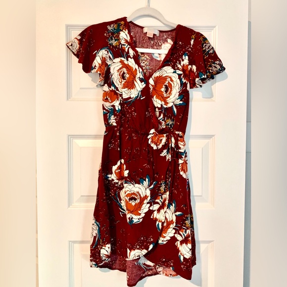 Burgundy Floral Dress XS pockets hi-lo boho mini slip dress romantic babydoll - Picture 2 of 11